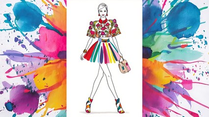 Colorful Watercolor  Fashion Girl Line Art