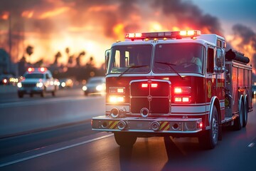 A vivid image of a fire truck racing to an emergency, with lights and sirens on against a dramatic dusk backdrop