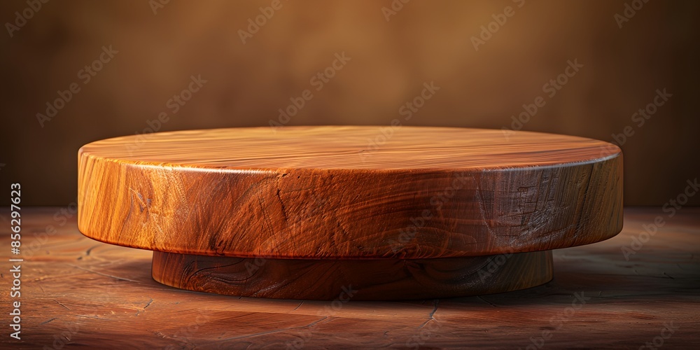 Poster a wooden round table with a grey wall in the background. the table is empty and has a wooden surface