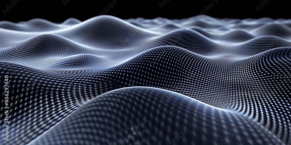 Poster a blue and white image of a wave with a lot of dots. the image has a futuristic and abstract feel to