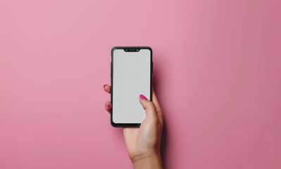 Young adult woman hand holding smartphone and touching black screen with finger on light pink table background. Pastel color. Empty place for text.