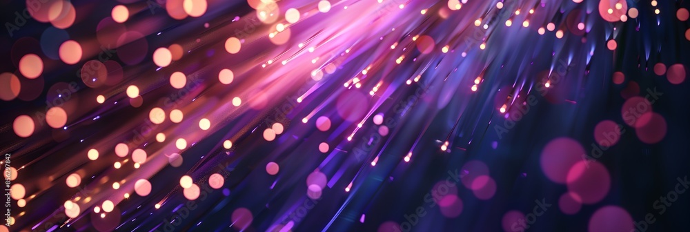Poster a colorful image of light and dark blue with pink and purple. the image is of a light show with many