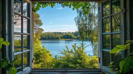 Fototapeta premium A view from the window overlooking green trees and a serene landscape with a lake. 