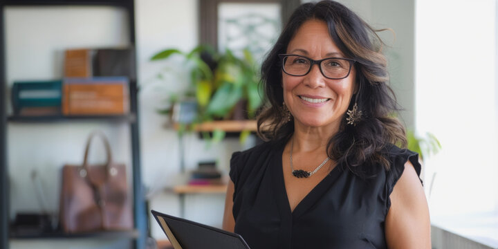 Confident middle-aged hispanic woman smiling in office setting