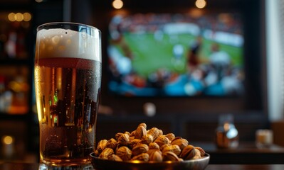 A photo of beer and a bowl with nuts in front of the TV screen showing a soccer game, with a blurry background. 