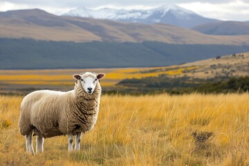 Fototapeta premium A sheep stands prominently in the foreground with a beautiful mountain landscape and golden grass