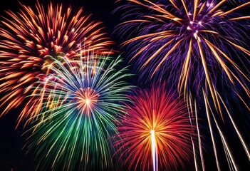Obraz premium vibrant fireworks bursting dark night sky, colorful, explosions, celebration, event, lights, festival, party, sparklers, rockets, spark, show, festive