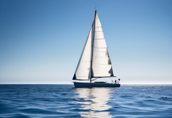 Fototapeta premium solitary sailboat gliding tranquil ocean waters under clear blue sky, sea, calm, serene, peaceful, vessel, nautical, isolated, quiet, horizon, journey