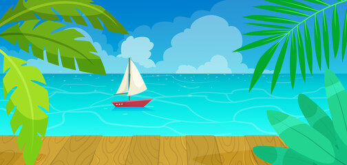 A sailboat on a blue ocean with a wooden pier and tropical palm leaves in the foreground. Vector illustration
