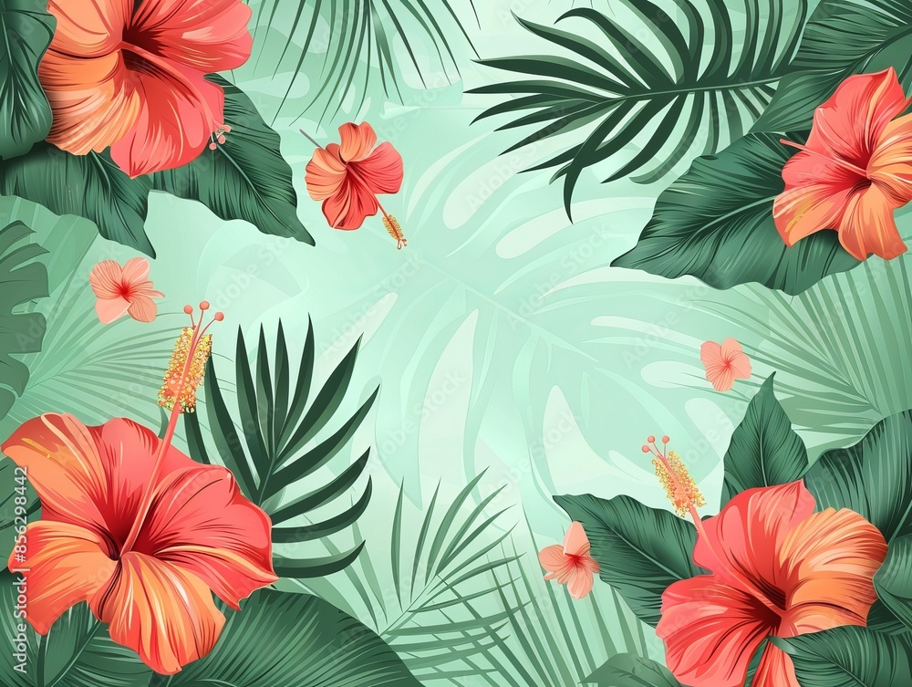 Sticker Vibrant tropical flowers and palm leaves overlap on an abstract background, creating a lush wallpaper for various uses