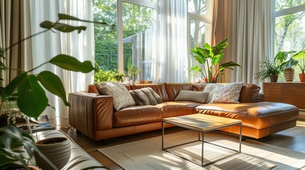 A brown leather sofa complements a modern living room featuring large windows, white curtains, and potted plants. This furniture design is ideal for apartment living