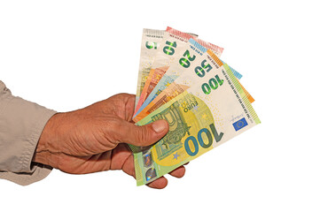 Hand giving Euro banknotes money, isolated on white