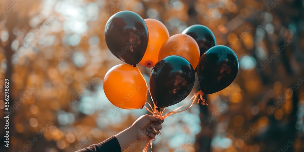 Poster a person is holding a bunch of balloons, some of which are orange and some are black. the balloons a