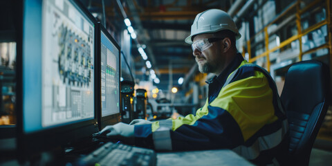Obraz premium Industrial worker monitoring systems in a factory setting