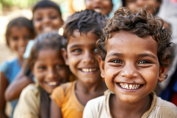 Obraz premium Group of diverse, cheerful multi-ethnic children from India smiling and looking at the camera outdoors