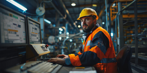 Industrial worker monitoring production data on computer in factory