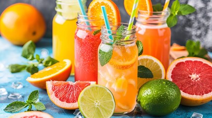 Refreshing summer drinks! Try these delicious fruit juices, smoothies, and more. We have all kinds of flavors, like orange, grapefruit, lime, and tangerine.