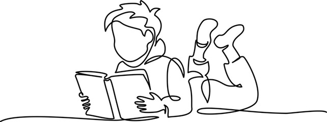 Happy Boy reading open book laying on floor. Continuous one line