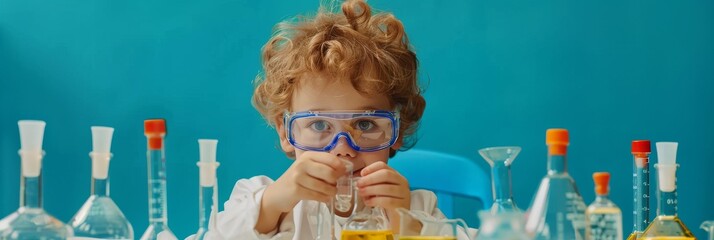 Young child scientist conducts experiment in lab with glassware. Place for text - Powered by Adobe