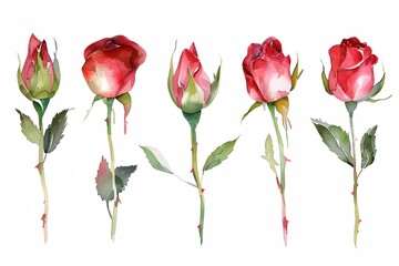 Fototapeta premium A row of red roses with green leaves. The roses are painted in watercolor and arranged in a line. Concept of beauty and elegance, as well as the delicate nature of the roses
