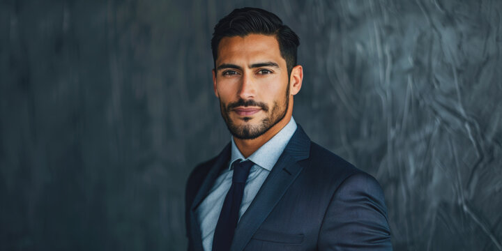 Portrait of a handsome hispanic man in a blue suit