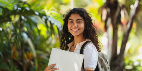 Fototapeta premium Happy hispanic female student posing with laptop on campus