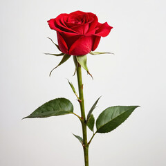 Obraz premium A red rose on a green stalk and white colour background.