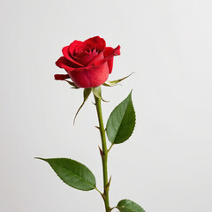 Obraz premium A red rose on a green stalk and white colour background.