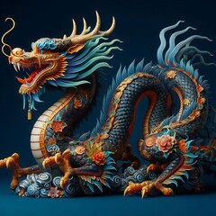 Fototapeta premium Ornate Blue and Gold Chinese Dragon Sculpture