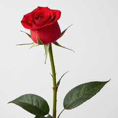 Obraz premium A red rose on a green stalk and white colour background.