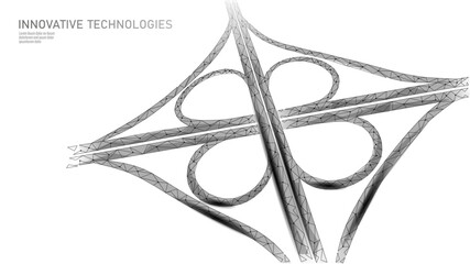 3D road junction transport system, intersection of two roads. Expressway cross night. Polygonal low poly lines glowing vector illustration background © LuckyStep