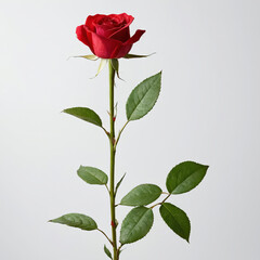 Fototapeta premium A red rose on a green stalk and white colour background.