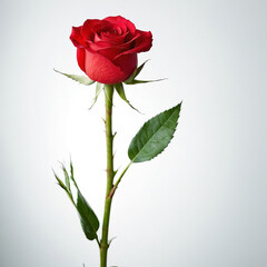 Fototapeta premium A red rose on a green stalk and white colour background.