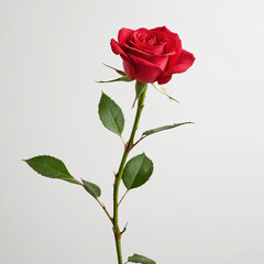 Fototapeta premium A red rose on a green stalk and white colour background.