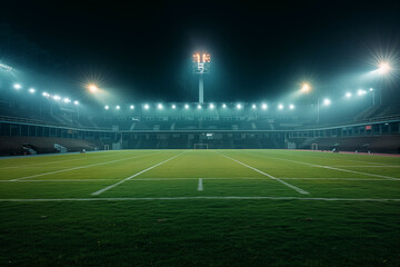 Fototapeta premium A Night View of a Large Empty Football Stadium Illuminated by Bright Stadium Lights, Highlighting the Lush Green Pitch