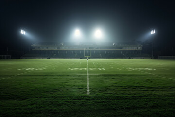 Fototapeta premium A night view of a large empty football stadium illuminated by bright floodlights, showcasing the lush green field and goal post under a foggy ambiance