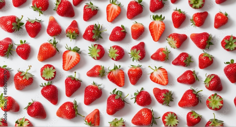 Wall mural Fresh strawberry fruits on white. Top view, copy space - Wall murals