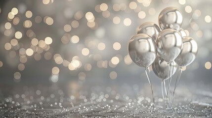Sparkling silver backdrop with floating balloons for a 2022 New Year's Eve celebration.