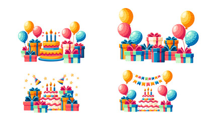 Set of greeting card designs with gift boxes, balloons, and other celebration elements. Vector illustration isolated on a white background