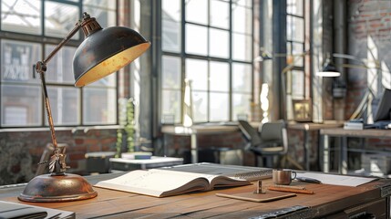 Stylish table lamp on a desk in a loft-style office. A notebook lies open on the desk.