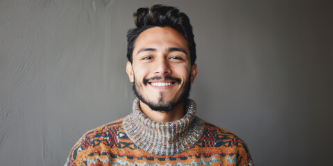 Fototapeta premium Portrait of a smiling hispanic man wearing a trendy sweater
