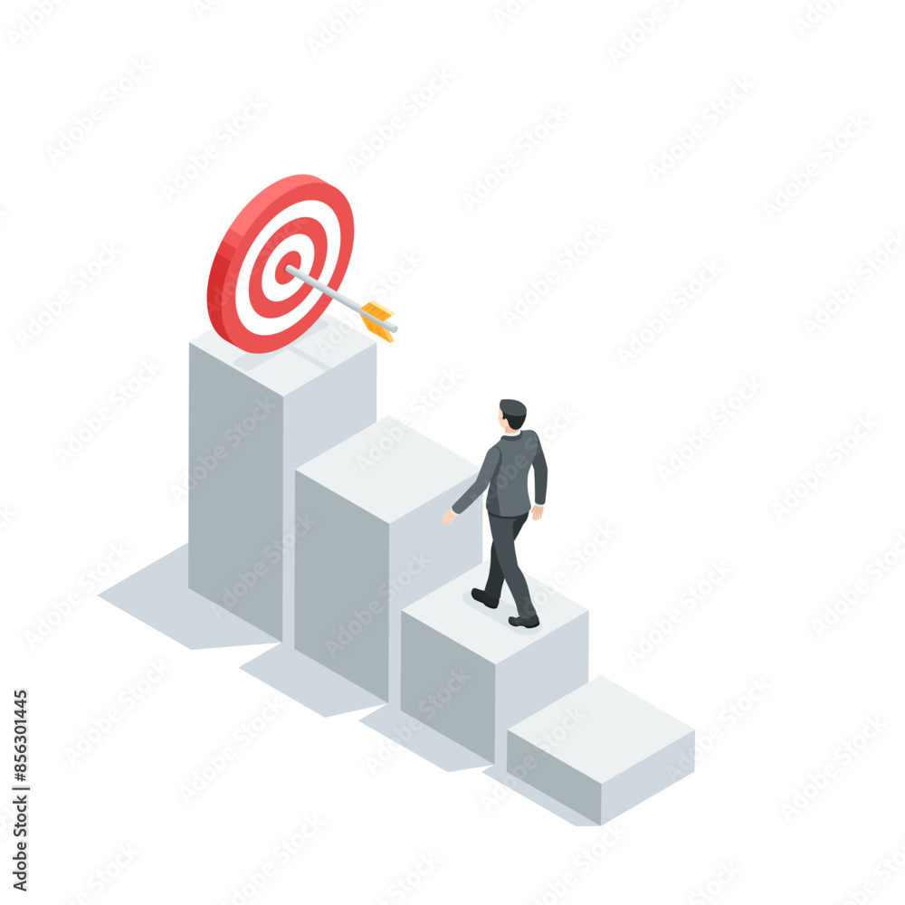 Poster isometric vector business man climbing up chart columns to target with arrow, in color on white back