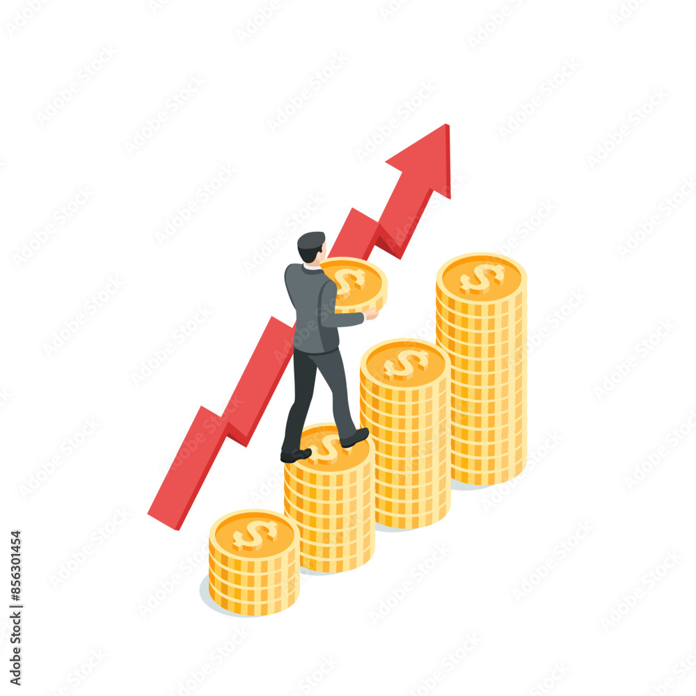 Poster isometric vector business man with a coin climbing up a chart of coins and an arrow going up, in col