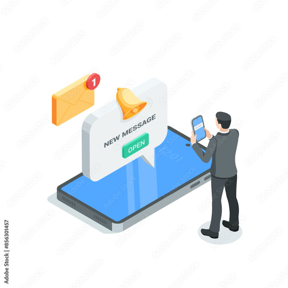 Poster isometric vector business man with smartphone and message with button and bell, in color on white ba