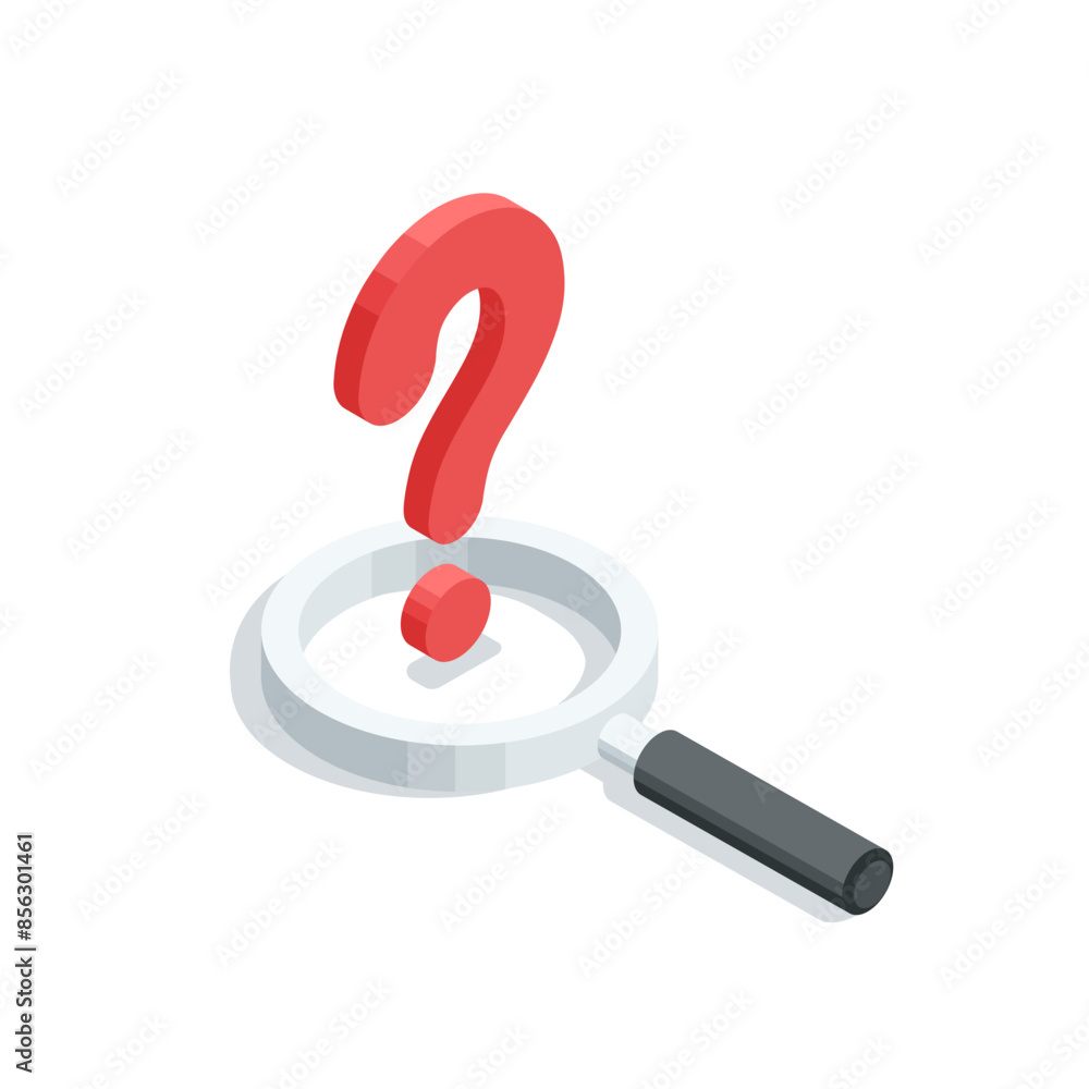 Poster isometric vector big question mark and magnifying glass, in color on a white background, searching f