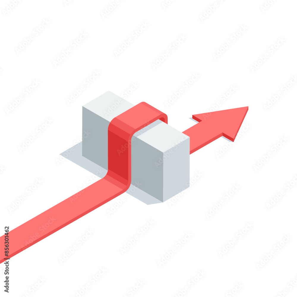 Poster isometric vector arrow finds the way through the block, in color on a white background, overcoming d