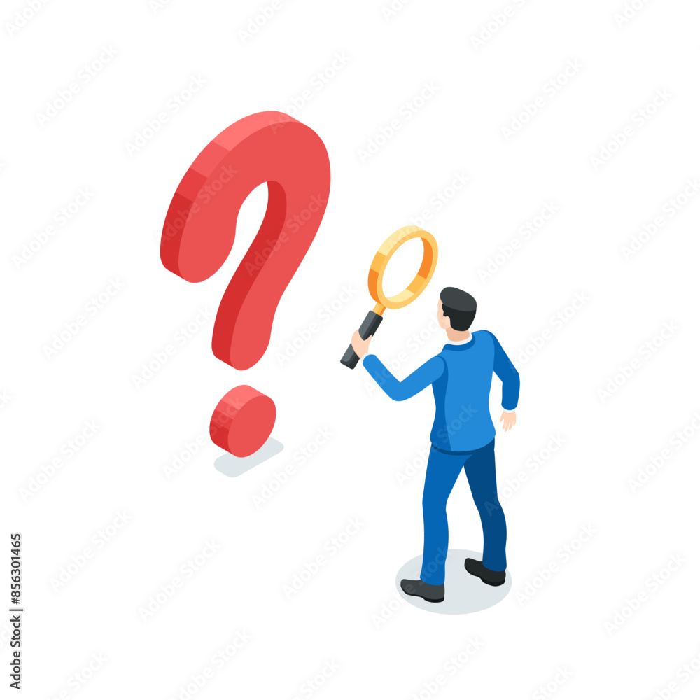 Poster isometric vector business man with a magnifying glass looking at a big question mark, in color on a 