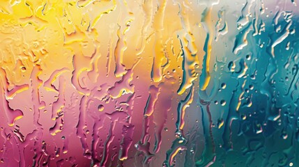 The blurry image captures the atmosphere as rain drops cling to a window, creating a pattern of...