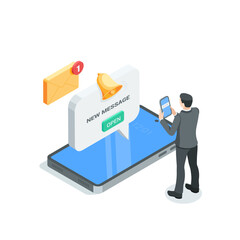 isometric vector business man with smartphone and message with button and bell, in color on white background, new message on phone