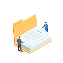 isometric vector business men taking out a document from an open folder, in color on a white background, working with papers or teamwork